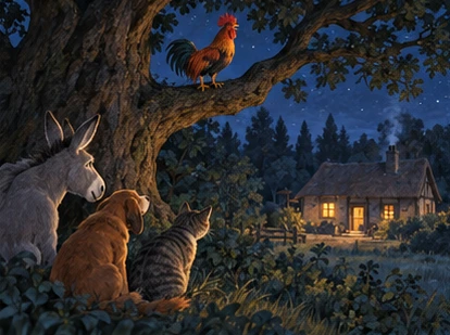 Rooster on a connected tree branch spots a distant lit cottage; friends below.