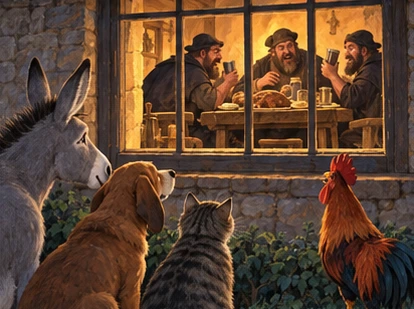 Four animals peer through the cottage window at startled seated robbers.