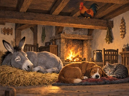 Donkey on straw dog on mat cat near hearth and rooster on supported beam.