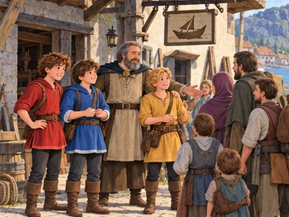 Four brothers and father welcome travellers beside their coastal workshop.