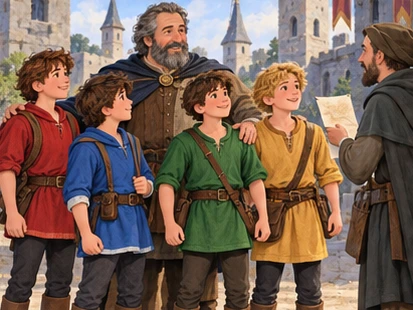 Four brothers reunite beside their father while messenger brings news.