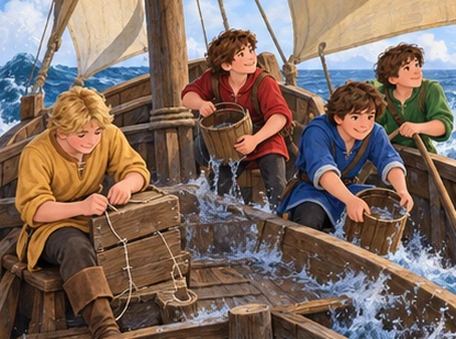 Gold-tunic tailor stitches cracked boat boards while others bail water safely.