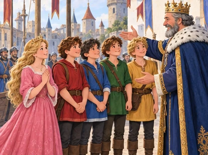 Princess thanks four brothers at harbour while king welcomes them.