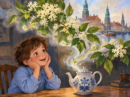 Boy imagines green elder branches and white blossoms rising from teapot.