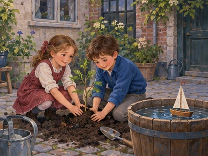 Two children plant elder cutting in Copenhagen courtyard with toy boat basin.