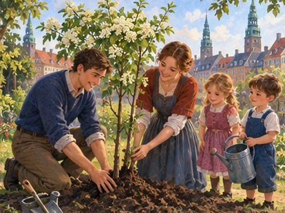Dream image of grown boy planting tree beside friend with children nearby.
