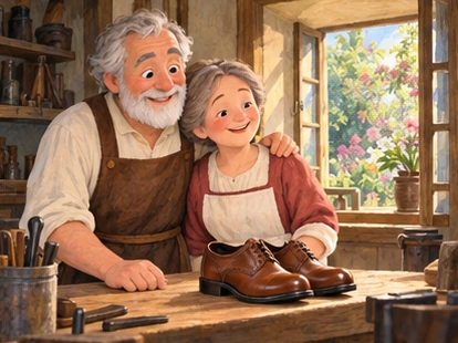 Cobbler and wife smile beside finished shoes and an open garden window.