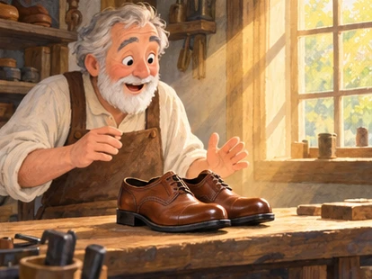 Cobbler discovers finished brown shoes on his workbench in morning light.