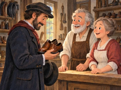 Customer buys shoes while cobbler and wife welcome him at the shop.