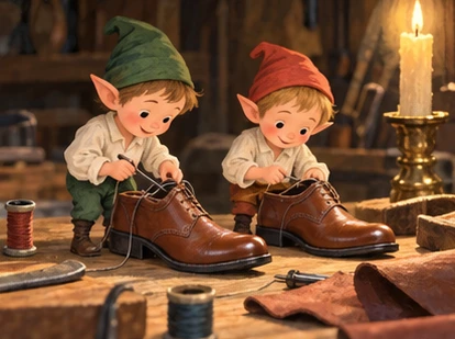 Two tiny elves in simple shirts stitch shoes while standing securely on bench.