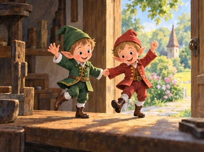 Two fully dressed elves dance across bench toward an open garden door.