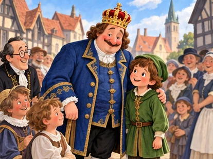 Emperor wears simple real coat and welcomes child beside townspeople.