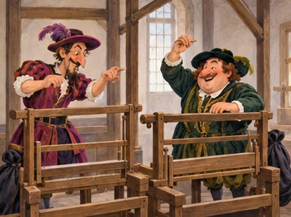 Two weavers mime work at visibly empty looms with supply bags hidden beside them.