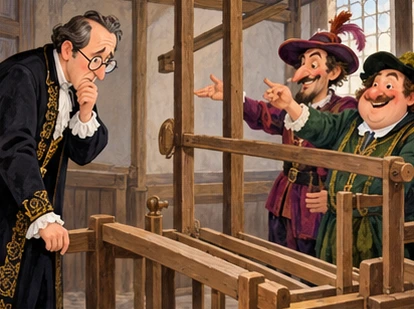 Spectacled minister nervously inspects empty loom while weavers point at nothing.