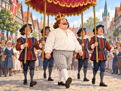 Fully clothed emperor in plain outfit parades beneath canopy with imaginary train holders.