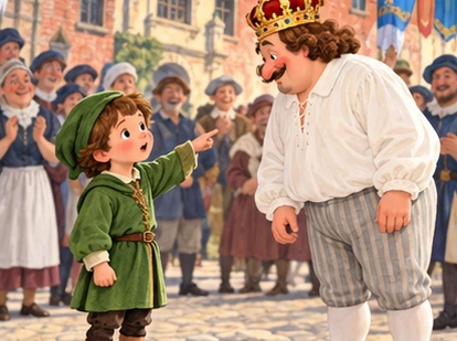 Green-clad child points respectfully at fully clothed emperor in plain clothes.