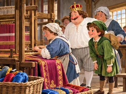 Real craftspeople weave returned silk while child and emperor watch.