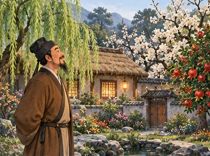 Brown-robed Chinese scholar at hidden cottage garden with willow plum peach pomegranate in bloom.