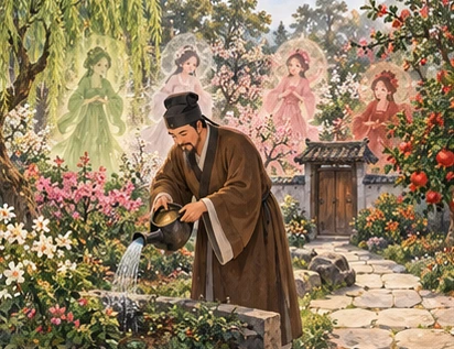 Scholar tending calm garden in spring with faint four flower spirit silhouettes among blossoms.