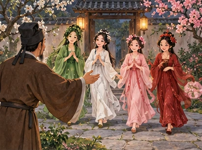 Exactly four recurring flower women green white pink dark red gowns entering courtyard, scholar welcoming.