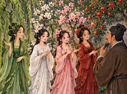 Four flower women introducing themselves beside corresponding blossoms, scholar listening.
