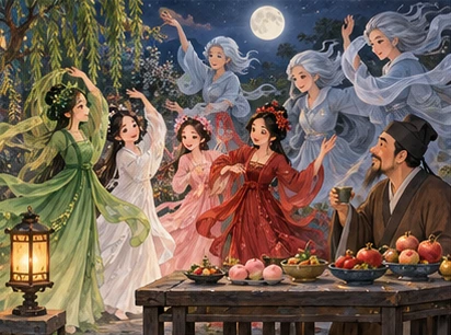 Four flower spirits dancing softly, airy blue-grey wind aunties and scholar at fruit table, moonlit garden.