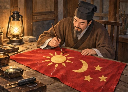 Scholar painting simple celestial symbols on small red cloth flag at lamp-lit table, no text.