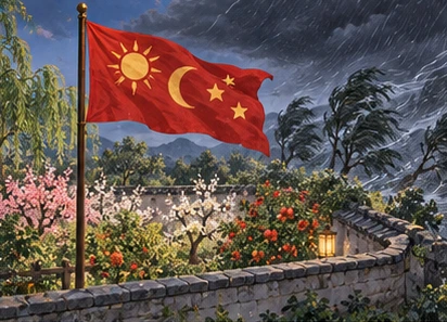 Scarlet celestial flag in eastern garden, calm blooming plants inside wall, bending distant trees outside storm.