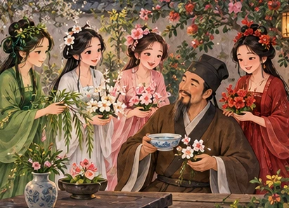 Four flower women offering blooms to scholar and water bowl, matching plant colours clear.