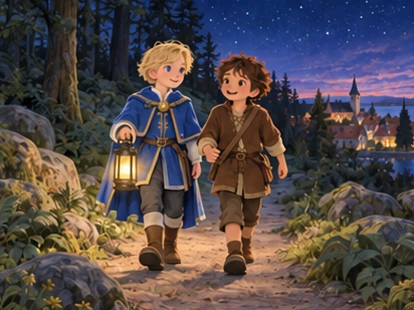 Two boys walk home on broad forest trail beneath first evening stars.