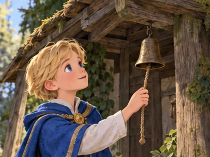 Blue-clad prince studies small bell hanging securely beneath woodland cottage roof.