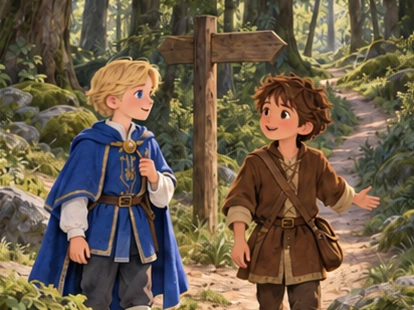 Prince in blue meets brown-coated village boy at forest fork.