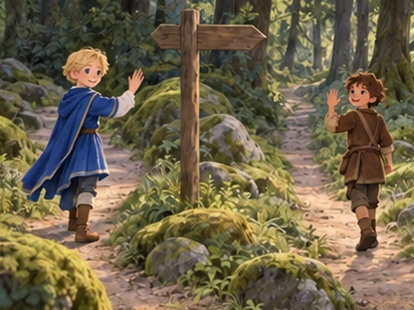 Two boys choose separate safe trails at woodland fork.