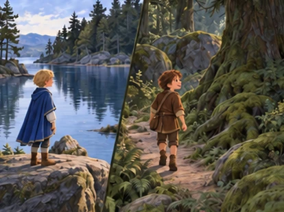 Separate paths show prince beside lake and village boy walking around forest roots.