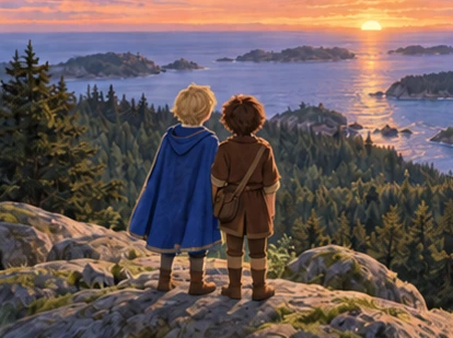 Two boys stand together on broad overlook facing luminous sea and forest.