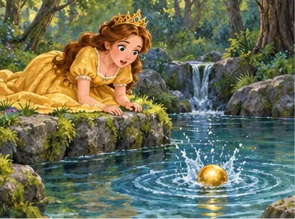 Gold-dress princess watches golden ball fall into forest spring.
