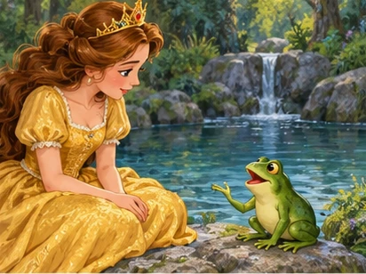 Green frog speaks to seated princess at stone edge of spring.