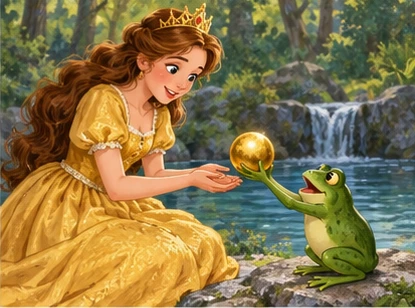 Frog offers recovered golden ball to princess at spring edge.