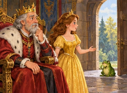 King listens as princess looks toward green frog at palace doorway.