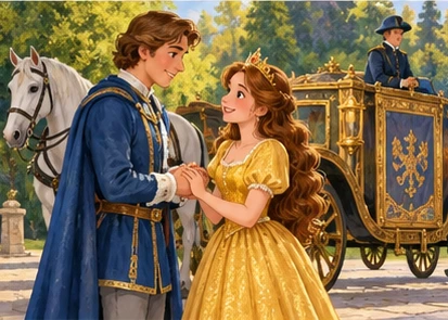 Prince and princess thank each other beside royal carriage with Heinrich.