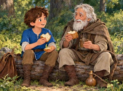 Blue-tunic boy and elderly traveller share bread and water on a fallen log.