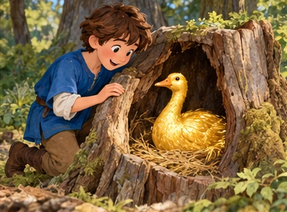 Boy discovers one shining golden goose inside a hollow stump.
