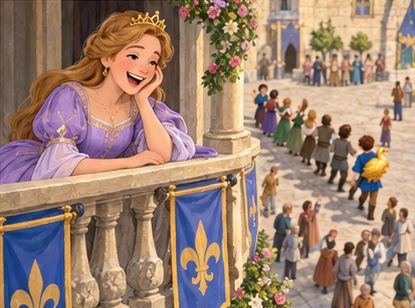 Princess in lilac dress laughs from balcony at golden-goose procession below.