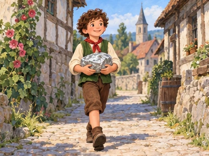Brown-haired Hans in green vest carries a wrapped silver lump down a lane.