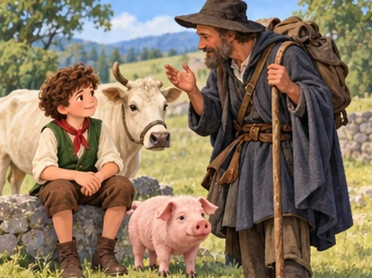 Hans listens to a traveller beside a cow and a small pink pig.