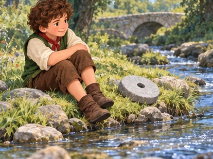 Hans sits beside a stream with the sharpening stone on the bank.