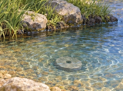 Hans watches round stone sinking in shallow clear water from the dry bank.