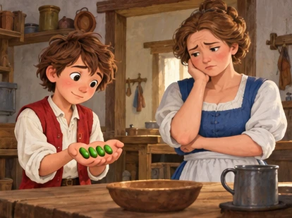 Jack shows five beans to disappointed mother inside cottage.