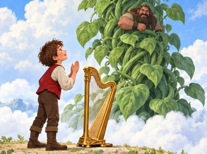 Jack sets harp safely on ground and apologises to giant above on beanstalk.