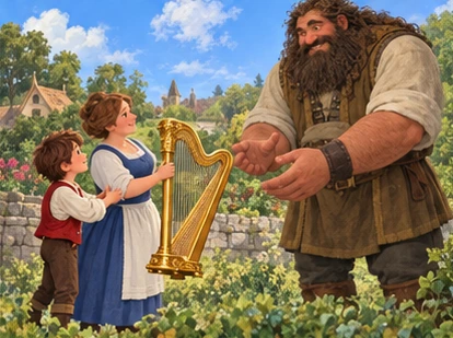 Jack and mother return golden harp to giant in garden.